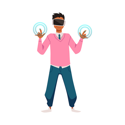 Fashionable standing young man in virtual reality glass exploring new space in metaverse flat style, vector illustration isolated on white background. VR travel concept