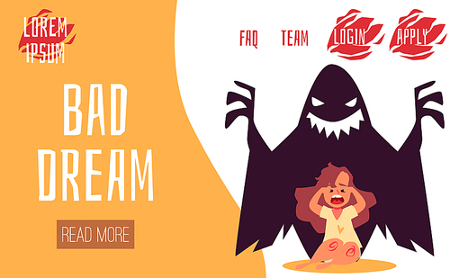 Problem of childrens fears and nightmares website banner concept with cute child girl having bad dream, flat vector illustration. Childrens phobias and sleep disorder.