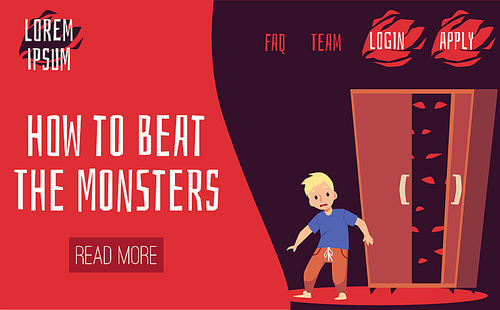 Website template with tips on how to overcome psychological problem of childhood fears and phobias. Landing page with child afraid of monsters, flat vector illustration.