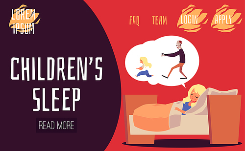 Childrens sleep problem website banner concept with cute child girl having nightmare, flat vector illustration. Childrens fears and phobias leading to sleep disorder.