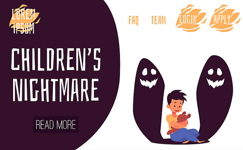 Website template on childrens nightmare with child character afraid of monsters, flat vector illustration. Children fears and phobias psychological problem.