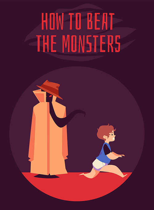 How to overcome childish fear concept of banner or poster with scared child boy, flat vector illustration. Childrens fear treatment and psychological help for kids.