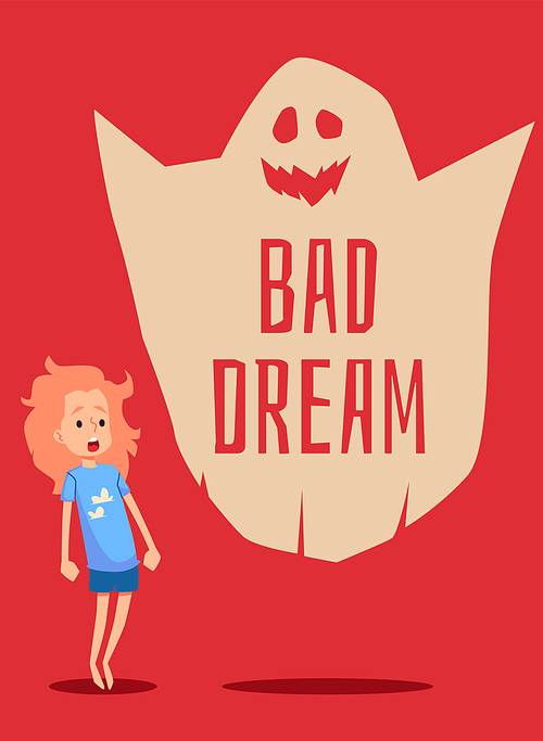 Banner or poster with cute child girl having bad dream, flat vector illustration. Banner on topic of childrens fears and phobias leading to sleep disorder and insomnia.
