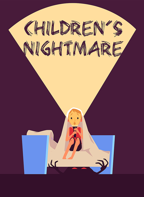 Scared little boy panic fear afraid scary monster. Child sitting on bed and hiding under blanket suffers from nightmares, bad night dreams or phobias. Flat vector illustration.