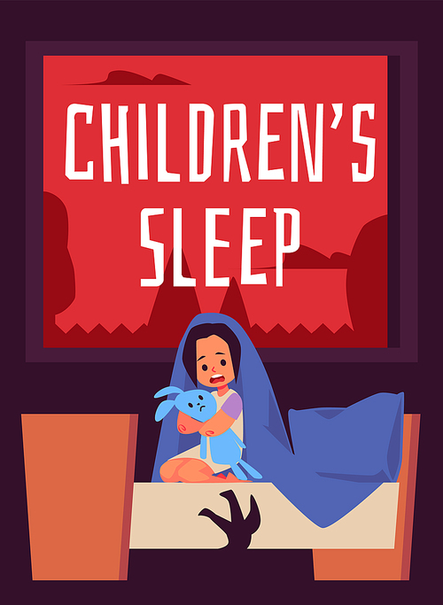Childrens sleep problem banner or poster template with frightened child still awake because of fear, flat vector illustration. Childrens fears and phobias problem.