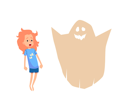 Scared child screaming seeing ghost, flat vector illustration isolated on white background. Kids imagination and children's fears and psychological traumas.