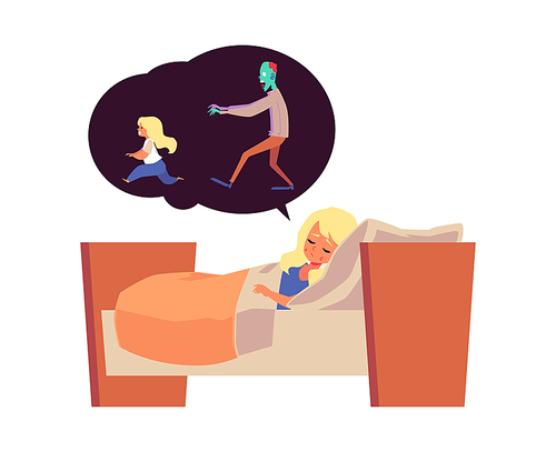 Little girl sleeping in bed and having bad scary dream, flat vector illustration isolated on white background. Child has nightmare. Problem of childhood fears.