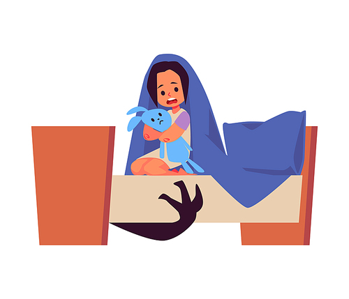 Child in bed afraid of imaginary monsters, flat vector illustration isolated on white background. Childhood fears, phobias and trouble falling asleep.