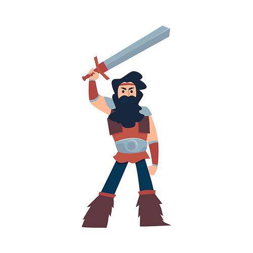 Warlike viking or barbarian warrior man cartoon character, flat vector illustration isolated on white background. Scandinavian bearded viking raising his sword.