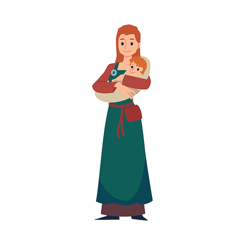 Medieval viking woman cartoon character holding baby, flat vector illustration isolated on white background. Scandinavian european medieval village or city woman.