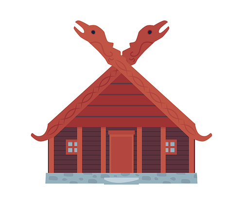 Scandinavian viking house with carved wooden decorative details, flat vector illustration isolated on white background. Traditional ancient dwelling of vikings tribal.