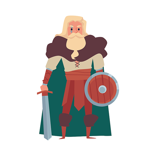 Viking warrior cartoon character with sword and shield, flat vector illustration isolated on white background. Scandinavian medieval bearded viking male character.