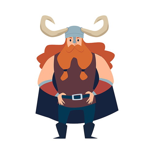 Male cartoon character warrior viking with red beard and in horned helmet. Strong man, brave hero of scandinavian histories. Flat vector illustration isolated on white.