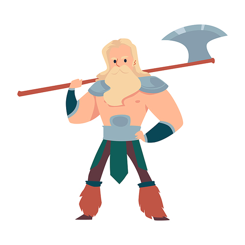 Male character warrior viking in armor holding axe. Bearded strong man, brave hero of scandinavian histories with weapon. Flat cartoon vector illustration isolated on white.