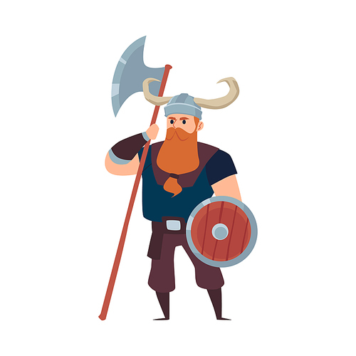 Viking warrior in helmet with horns holding axe, flat cartoon vector illustration isolated on white background. Scandinavian viking bearded fighter male character.