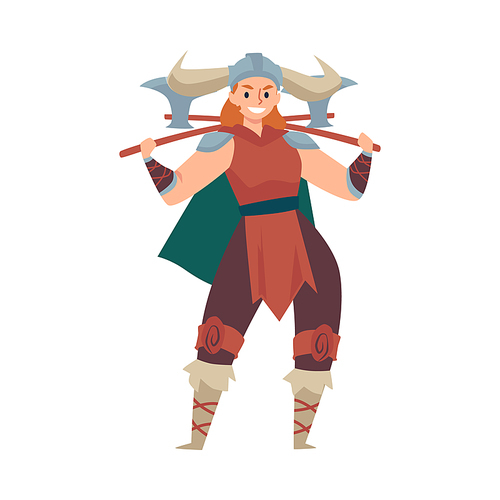 Viking woman warrior in horned helmet and armed with axes, flat vector illustration isolated on white background. Cartoon character of medieval viking woman.