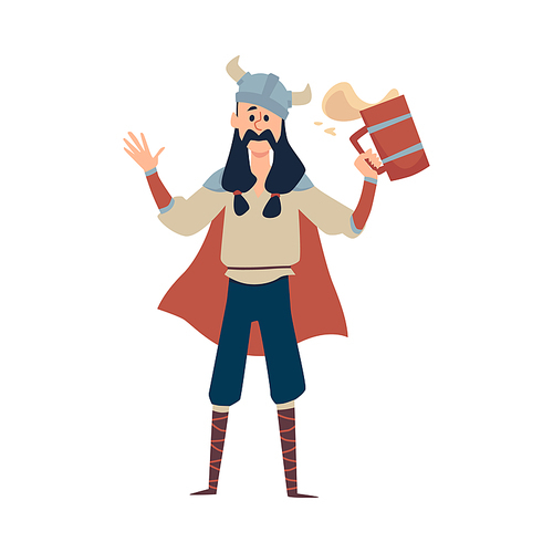 Funny drunk viking warrior wearing horned helmet holding big mug with beer or ale. Happy scandinavian male character with mustache. Flat cartoon vector isolated illustration.