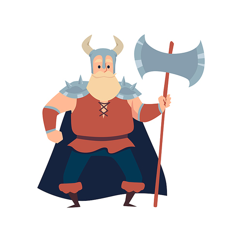 Viking warrior man with huge beard and axe in hands cartoon character, flat vector illustration isolated on white background. Scandinavian bearded viking soldier.