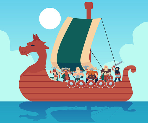 Scandinavian combat ship drakkar with vikings on board floating in the waves, flat vector illustration. Banner with viking warriors or pirates in the sea.