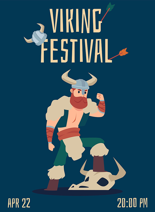 Viking festival of scandinavian culture advertising banner or poster design with viking warrior cartoon character, flat vector illustration. Viking festival poster.