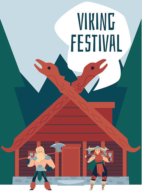 Viking festival banner or poster design with medieval warriors, flat vector illustration. Viking medieval life carnival show and festival invitation template.