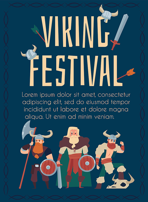 Viking festival advertising banner or poster design with scandinavian warriors cartoon characters, flat vector illustration. Viking carnival show and festival invitation.