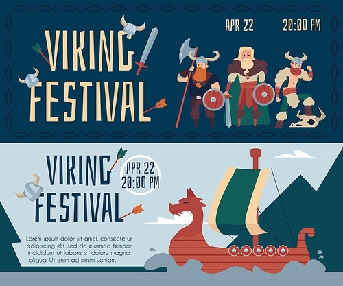 Set of horizontal banners for Viking festival or carnival, flat vector illustration. Viking thematic street feast or historical festival invitation flyers.