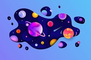 3D space banner with fluid abstract shape cut out and glowing fantasy planet spheres on dark galaxy background - colorful planets and stars vector illustration.