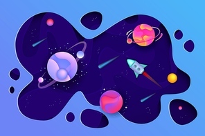 Blue paper space cut background with galaxy, planets and stars. A space paper rocket flies through the universe, planets and asteroids. Cartoon paper cut vector illustration.
