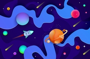 Spaceship and rocket flies in space and the universe. Galaxy and universe with planets and stars, rocket and asteroids, cartoon paper cut vector illustration.