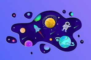 Cosmos with planets and astronaut inside shape cut out from paper flat style, vector illustration on blue background. Galaxy space with rocket and comets and stars, paper art concept