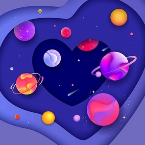 Space heart banner - 3D shape with fluid cut out paper shapes forming layers of galaxy with colorful planets and stars. Beautiful cartoon vector illustration.