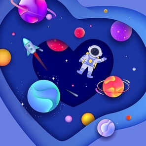 Background, template for banner with cut out of paper astronaut or spaceman, spaceship and space. Concept of the universe and galaxy, planets, stars. Cartoon paper cut vector illustration with heart.
