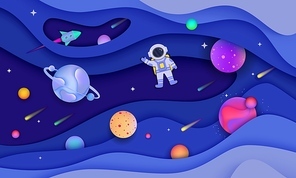 Paper cut out galaxy banner with cartoon planets and astronaut on colorful space background - modern astronomy poster with fluid abstract shapes - vector illustration.