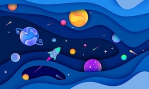 Blue galaxy background with glowing planets and 3D paper cut out layers with stars and rocket - colorful futuristic banner design - modern vector illustration.
