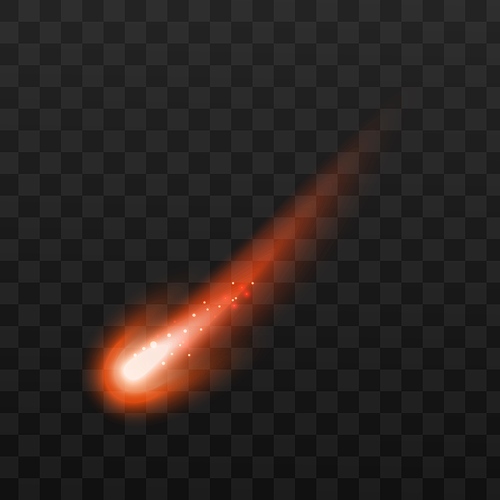 Template of falling space meteor or comet, realistic vector illustration isolated on dark transparent background. Sparkling with orange light space comet.