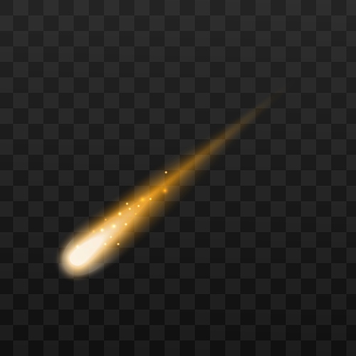 Gold sparkling comet or falling star - realistic golden space object isolated on dark transparent background. Vector illustration of glowing light trail in motion