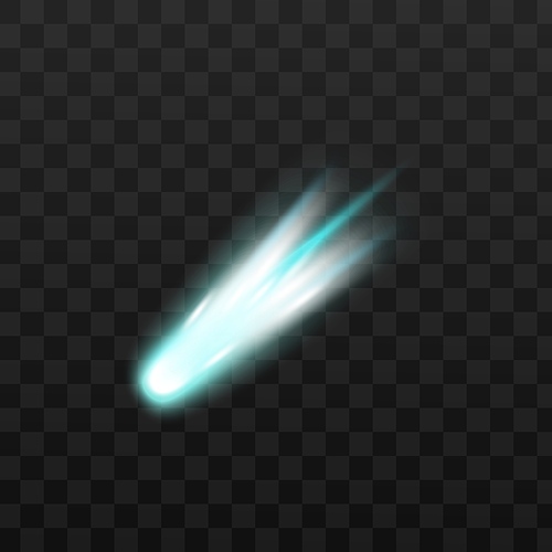 Mockup of falling glowing meteor or comet in space, realistic vector illustration isolated on dark transparent background. Sparkling with white glow space comet.