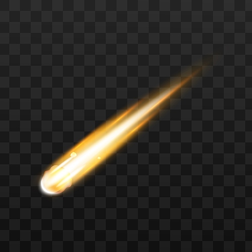 Burning comet or fireball star falling from space isolated on dark transparent background. Realistic vector illustration of golden light trail from shooting meteor.