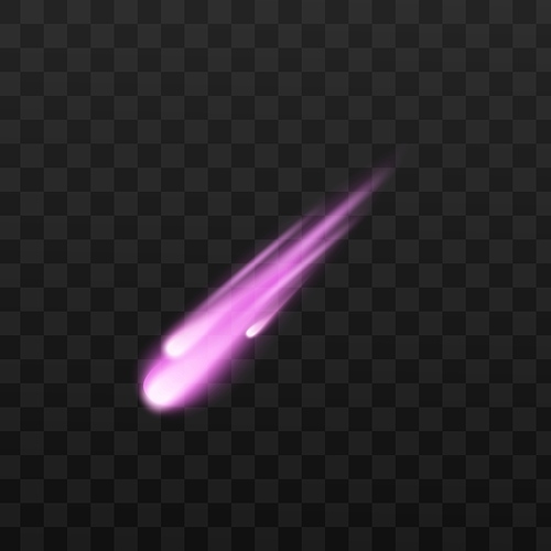 Falling and burning with purple light meteor or comet in space, realistic mockup vector illustration isolated on dark transparent background. Sparkling space comet.