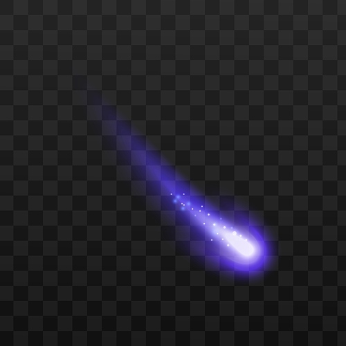 Colorful blue space meteor, comet, meteorite or asteroid with light sparkles. Shooting star, galaxy object with glowing dust and gas tail. Vector illustration isolated on dark.