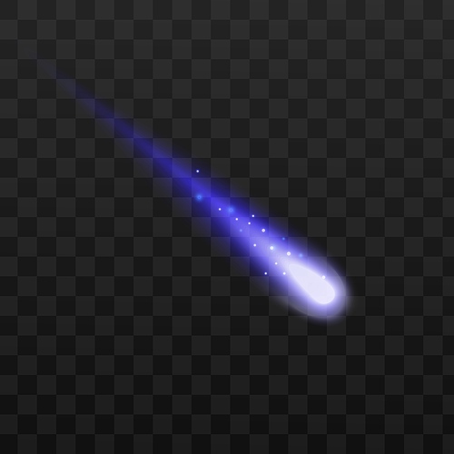 Falling glowing meteor with sparkling blue tail, realistic vector illustration isolated on dark transparent background. Sparkling flying comet or meteor.