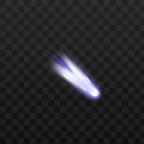 Falling meteor or comet in space glowing with white light, realistic vector illustration isolated on transparent background. Meteors energy or asteroid glow.