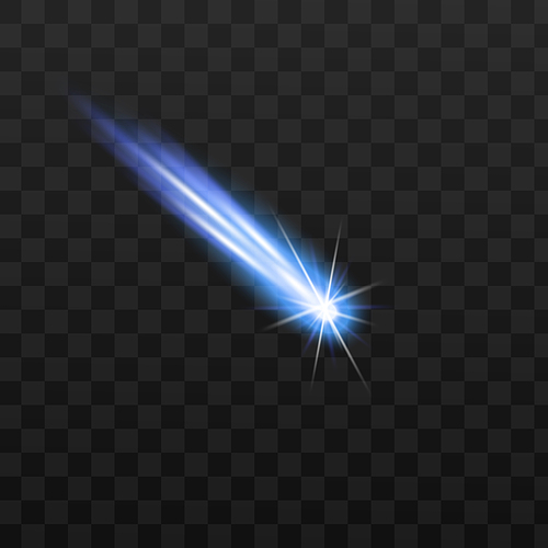 Falling star or meteor with long gas glowing tail, realistic vector illustration isolated on transparent background. Sparkling lighting space comet or asteroid.