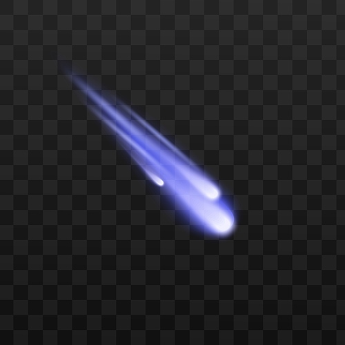 Blue space meteors, comets, meteorites or asteroids with light plume. Colorful falling galaxy objects with glowing dust and gas tail on dark sky. Vector isolated illustration.