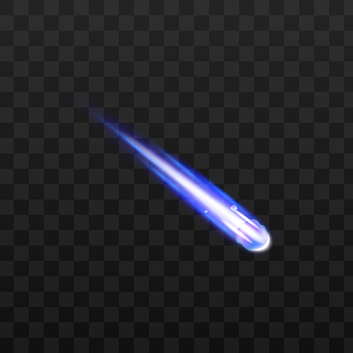 Light effect of falling comet or meteor, realistic vector illustration isolated on dark transparent background. Glowing fireball of asteroid or meteor.