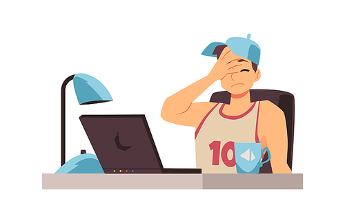 Young disappointed upset man or teen boy sitting at desk with laptop with gesture facepalm and saddened face, flat vector illustration isolated on white background.