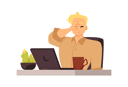 Overworked businessman at the workplace at the laptop is experiencing stress with a headache in flat style vector illustration isolated. The young employee is tired, frustrated and nervous