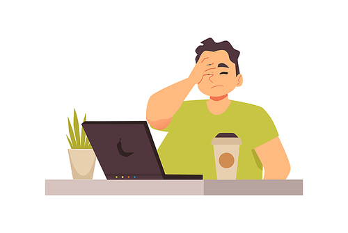 Sad disappointed young man sit at office workplace with laptop. Male character in stress cover face with hand expression emotions of upset, disappoint, tired or overwhelmed. Vector