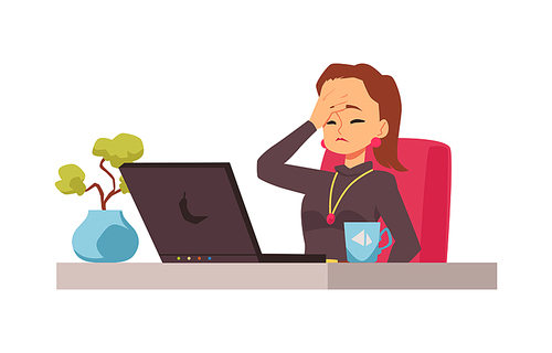 Disappointed embarrassed female character sitting on workplace with laptop computer. Young woman expressive of disappointment with gesture palm on face. Flat vector illustration.